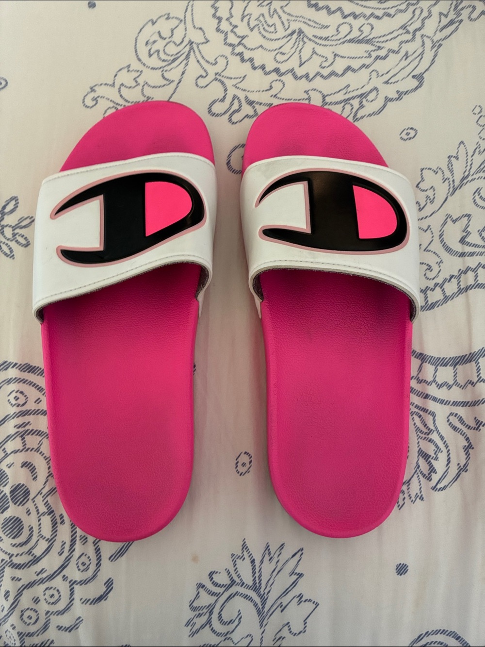 Champion Hot Pink and White Slide Sandals with Black Logo